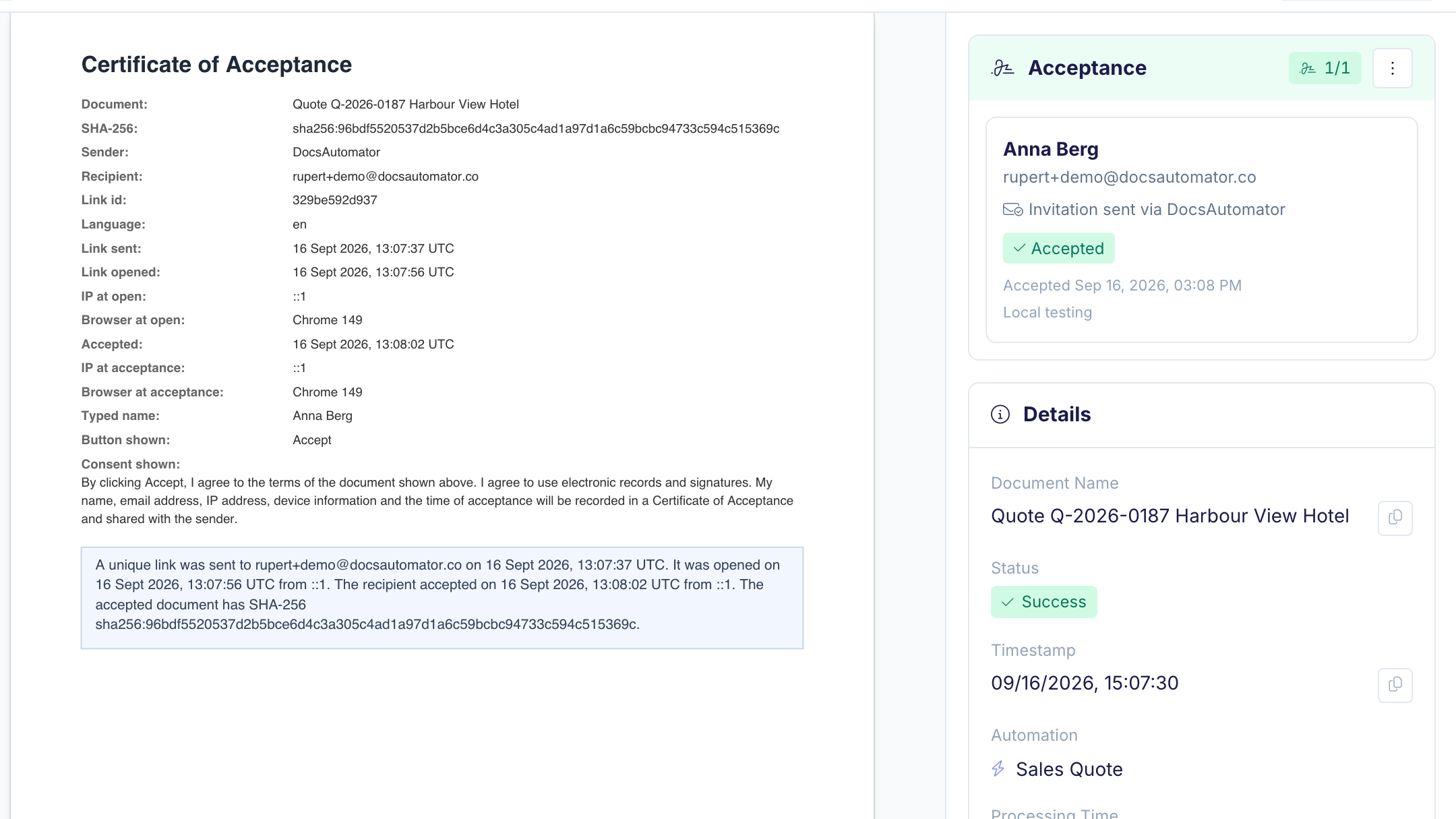 An accepted PDF with the Certificate of Acceptance and the status in DocsAutomator