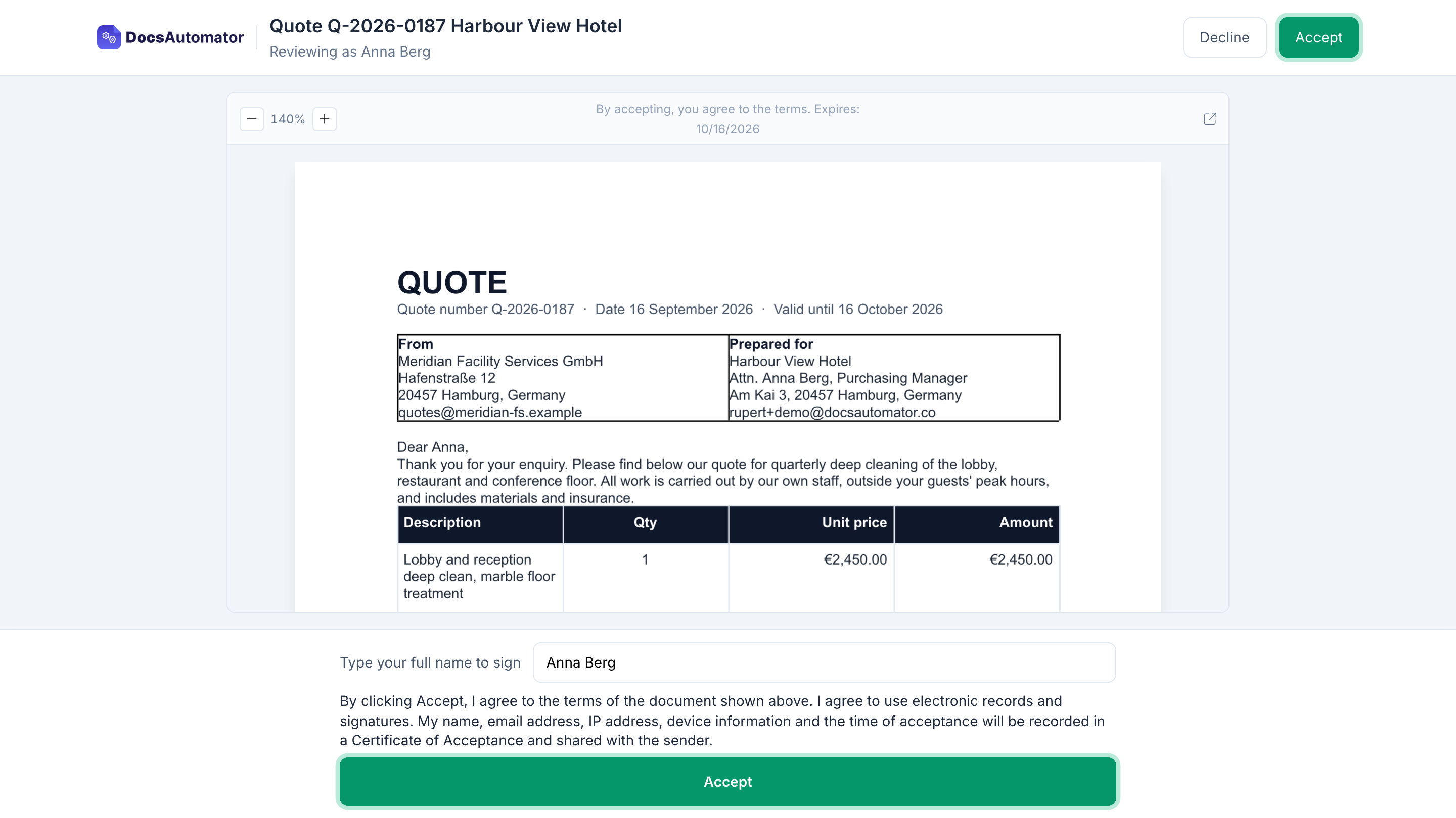 Recipient reviewing a document before clicking Accept