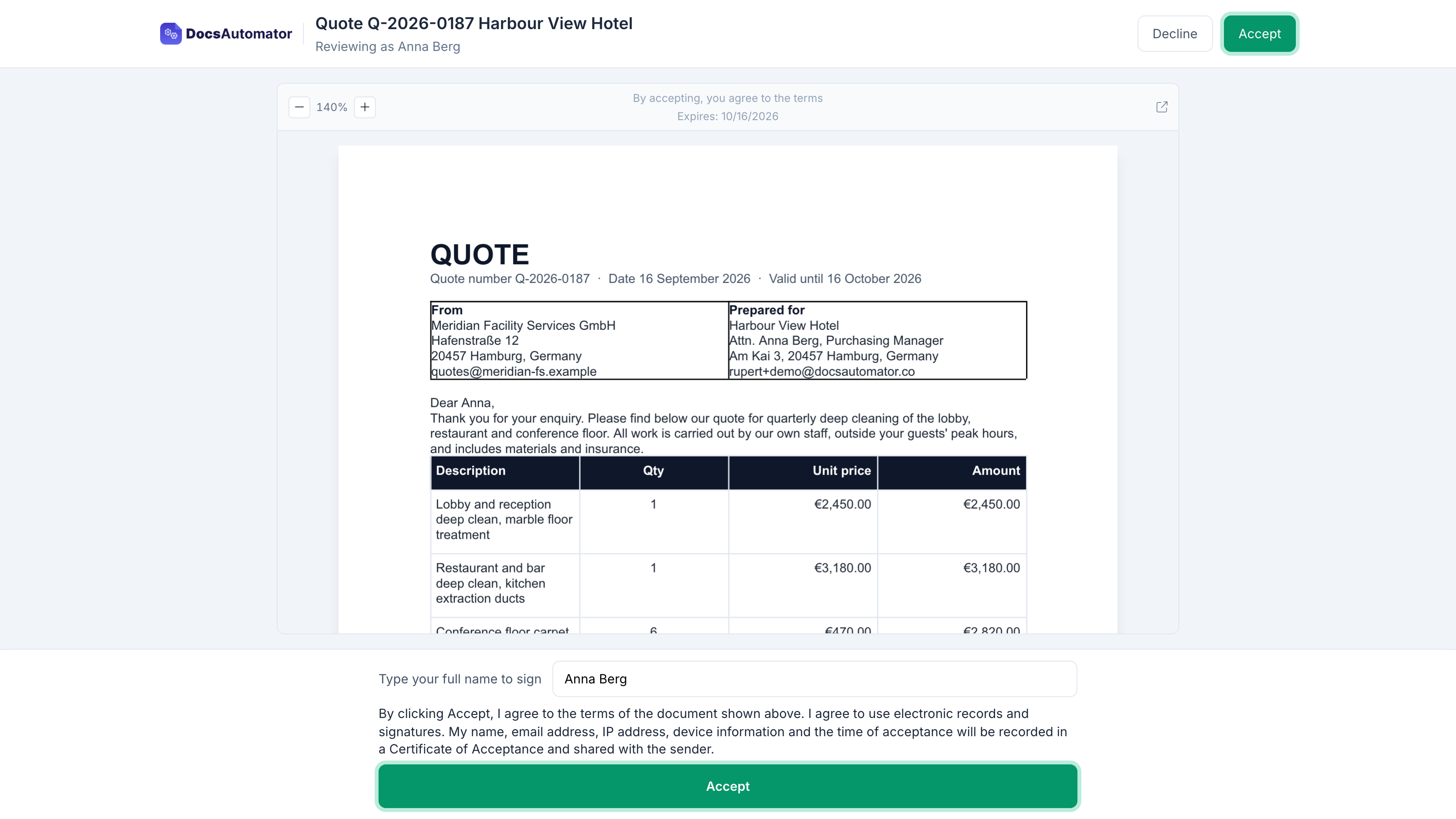 The acceptance page with the document, the typed name and the Accept button