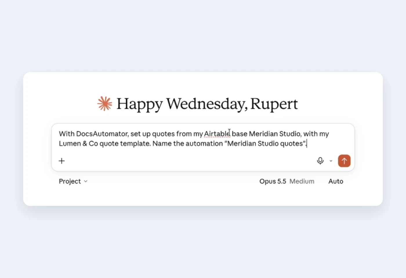 Claude with a prompt that sets up quotes with DocsAutomator from the Airtable base Meridian Studio