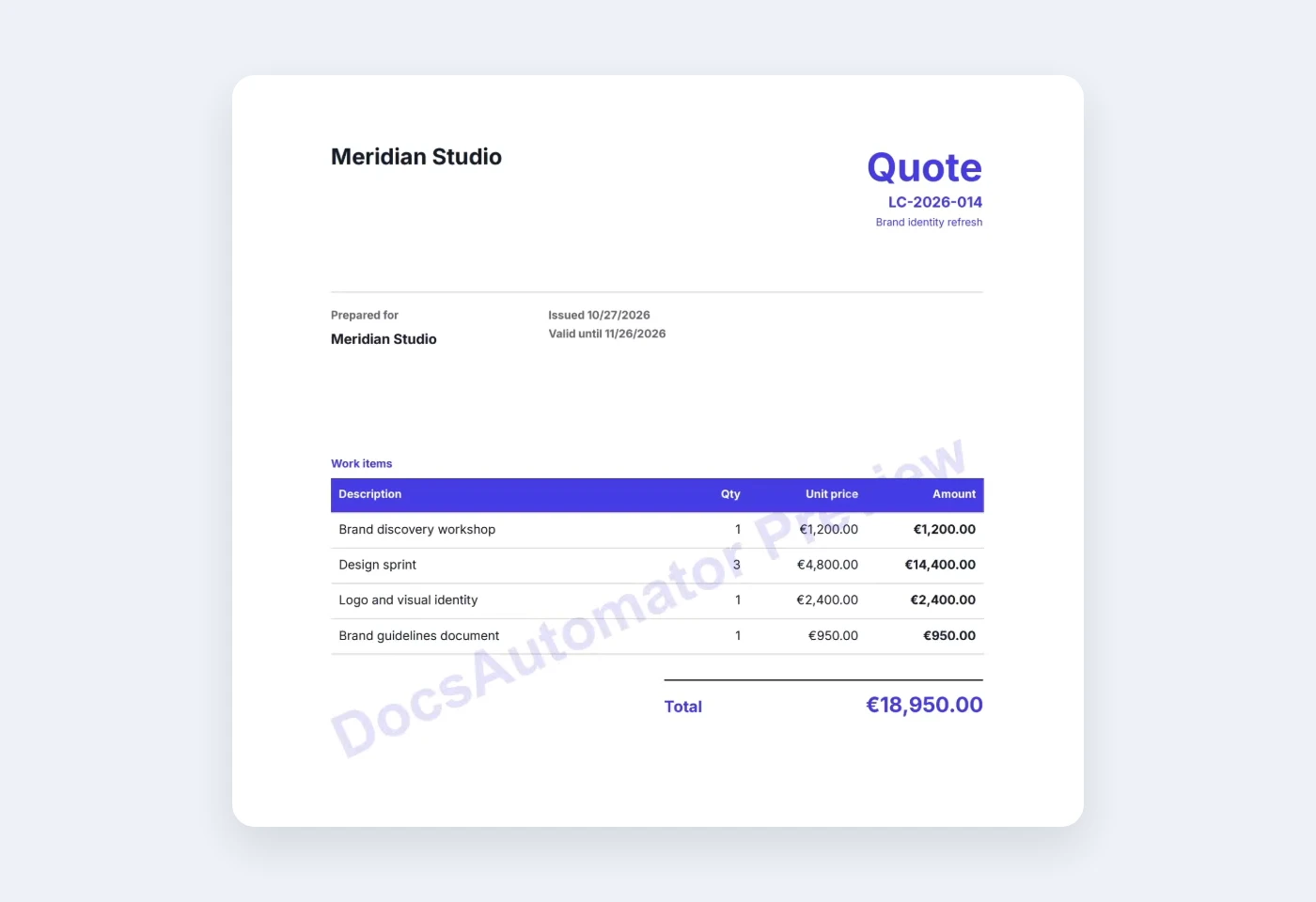 A test quote made from an Airtable record, with the DocsAutomator Preview watermark