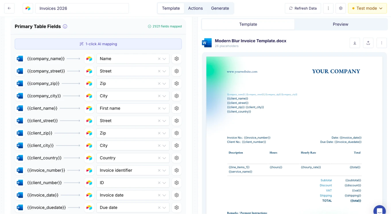 Mapping data fields to Word template placeholders