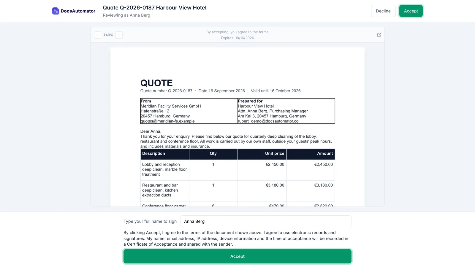 The page a client sees: the quote for Harbour View Hotel, a field to type their name and an Accept button