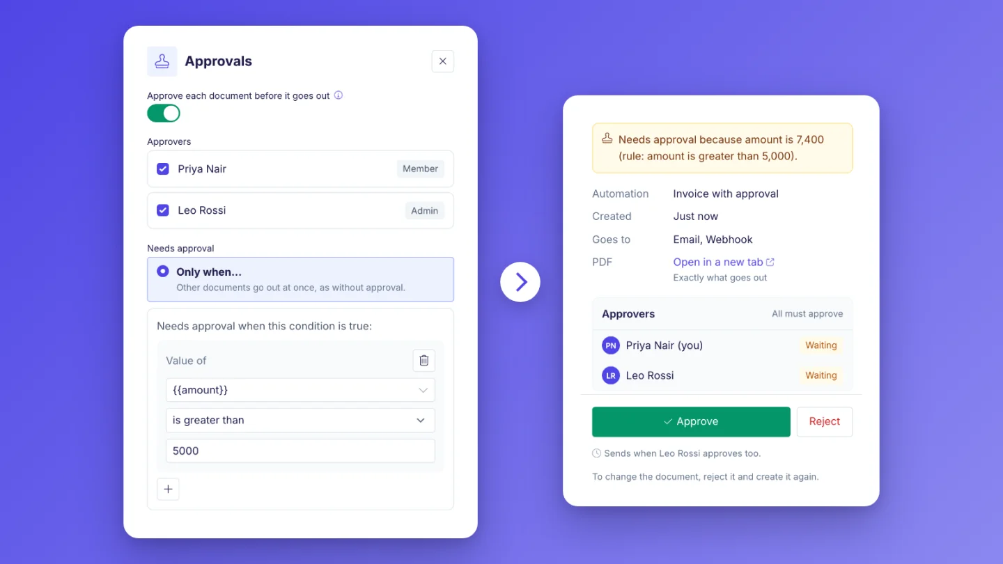 The Approvals card with the rule amount is greater than 5000, next to the approval review with the Approve and Reject buttons