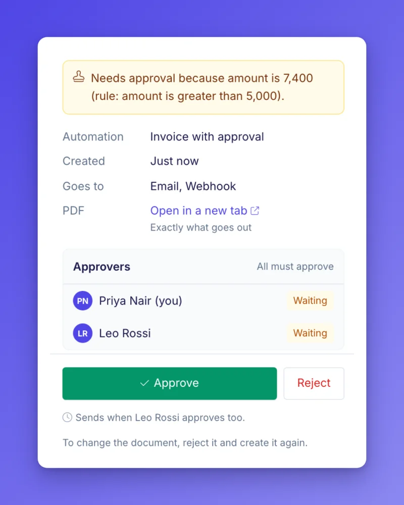 The approval review with the reason for the approval, the approvers and the Approve and Reject buttons