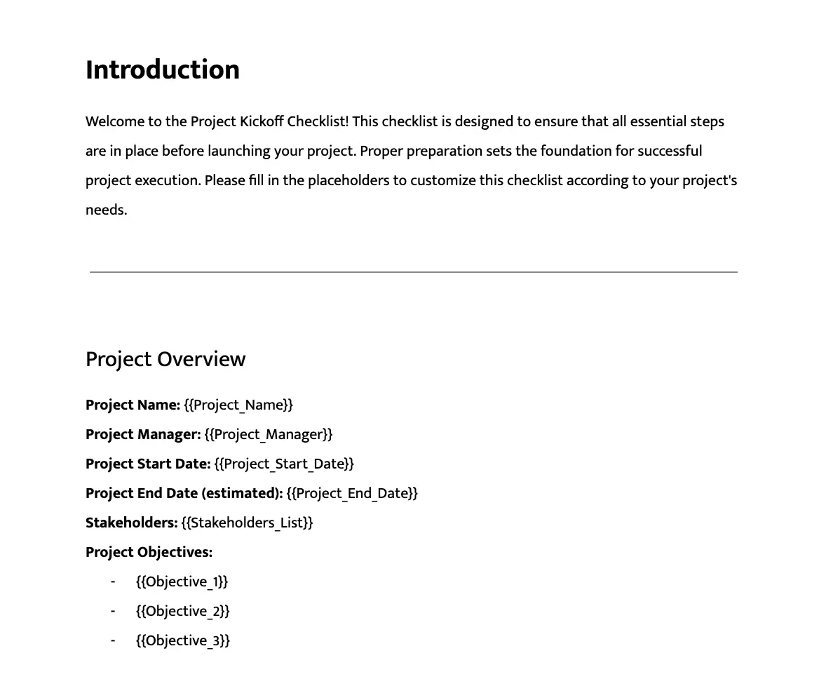 Project Kickoff Checklist Template by&nbsp;DocsAutomator showcasing document syntax