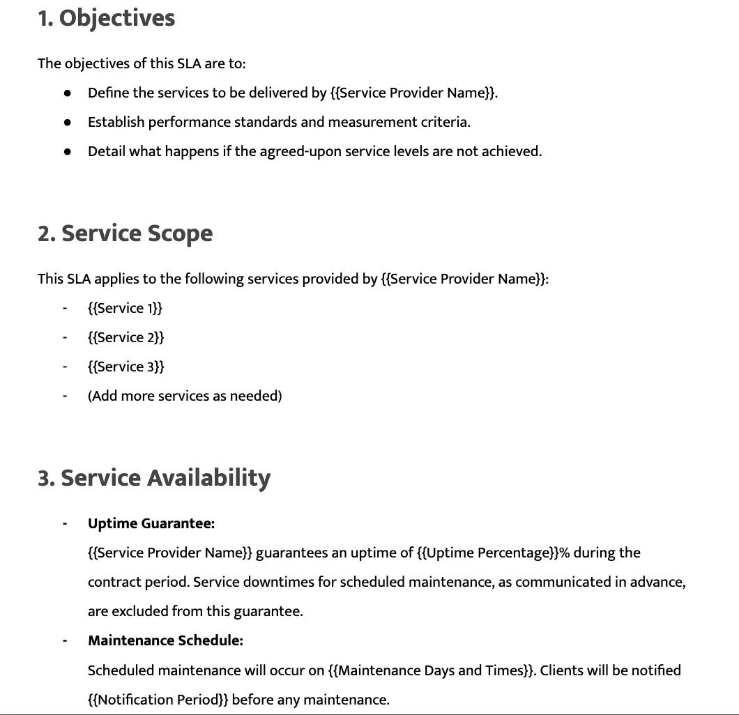 Service Legal&nbsp;Agreement Template by DocsAutomator showcasing document syntax