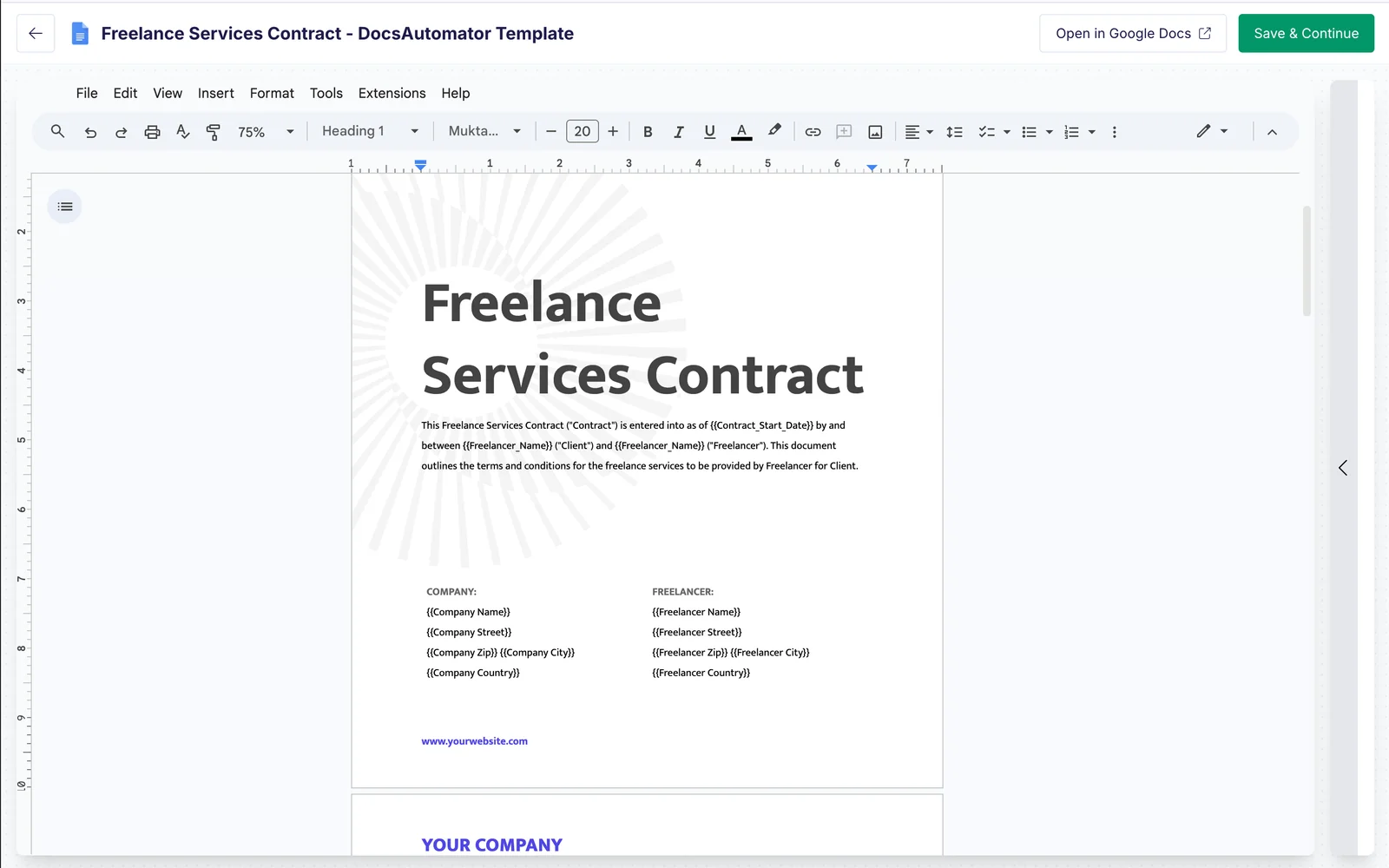 Google Docs contract template with DocsAutomator placeholders