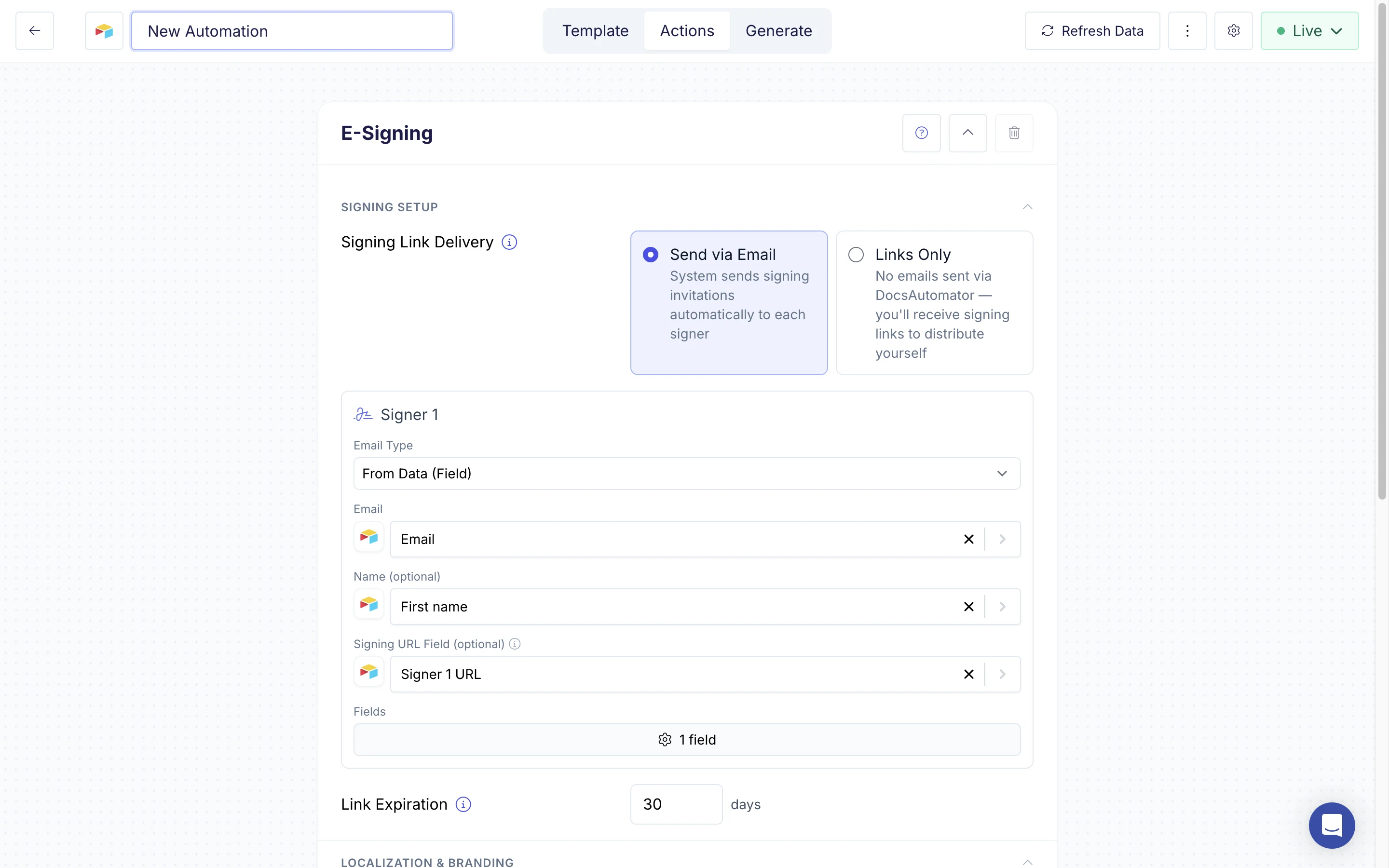 DocsAutomator E-Signing action configuration with signer email mapped to an Airtable field, link expiration, and detected esign fields