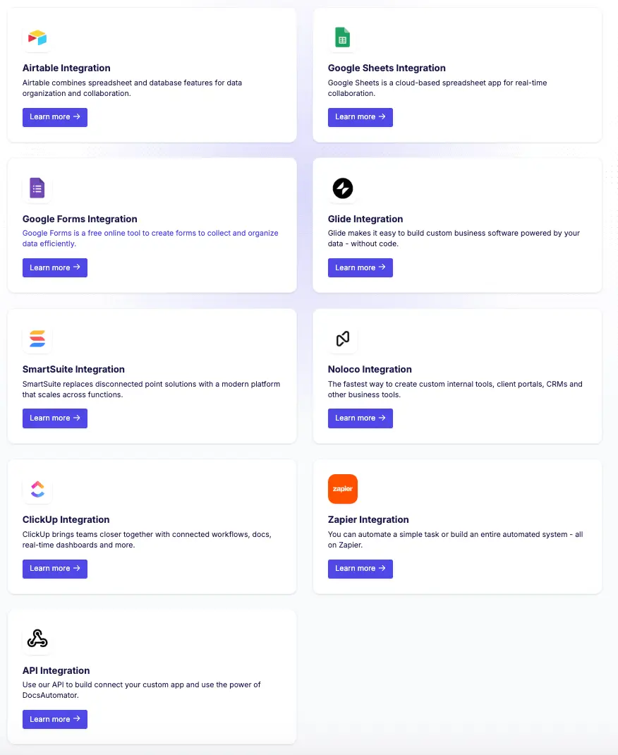 Image shows website screenshot of 9 integration options to choose from as your source of data in DocsAutomator