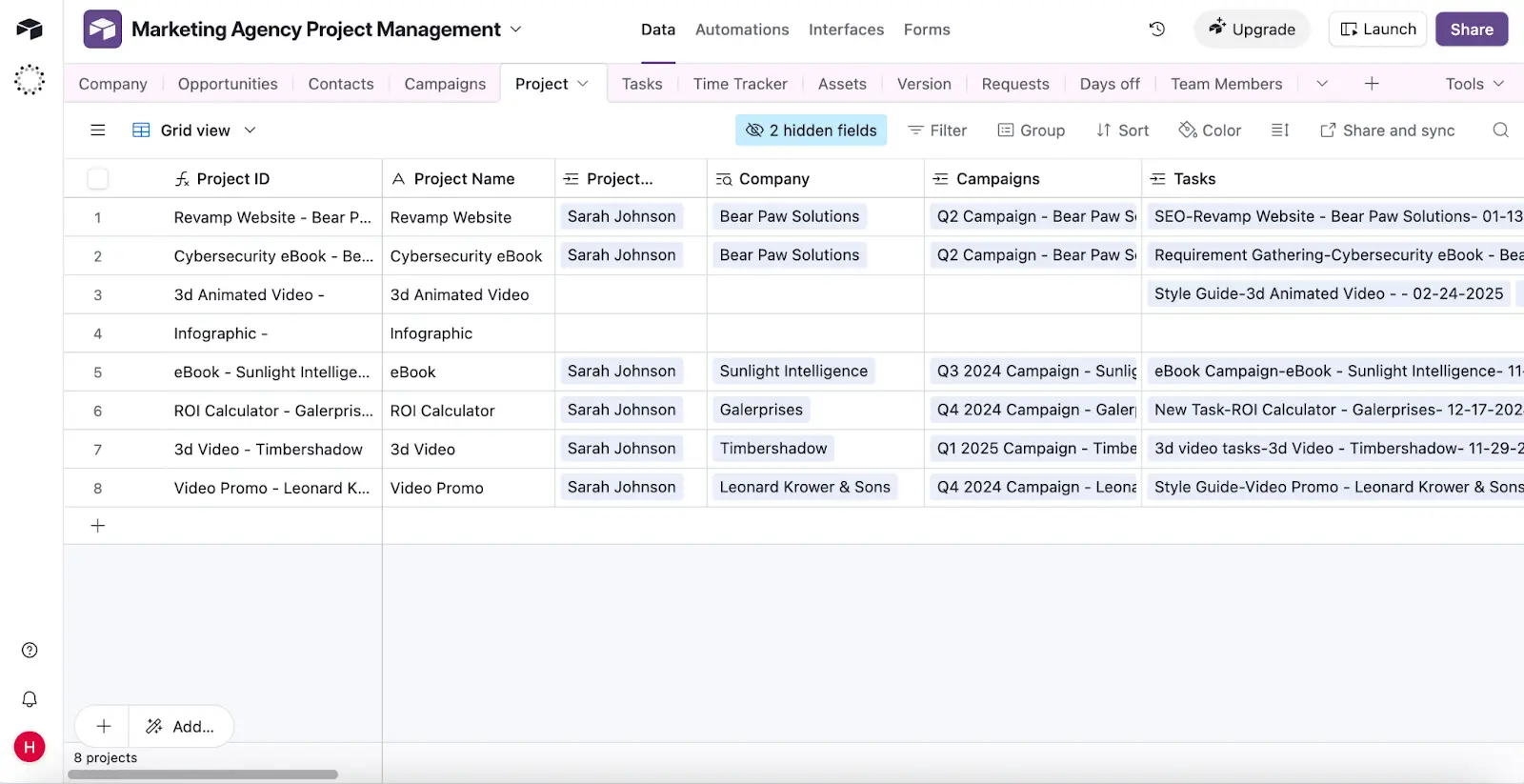 The image is a screenshot of the 'Project' table view in the Marketing Agency Project Management Template by Airtable.