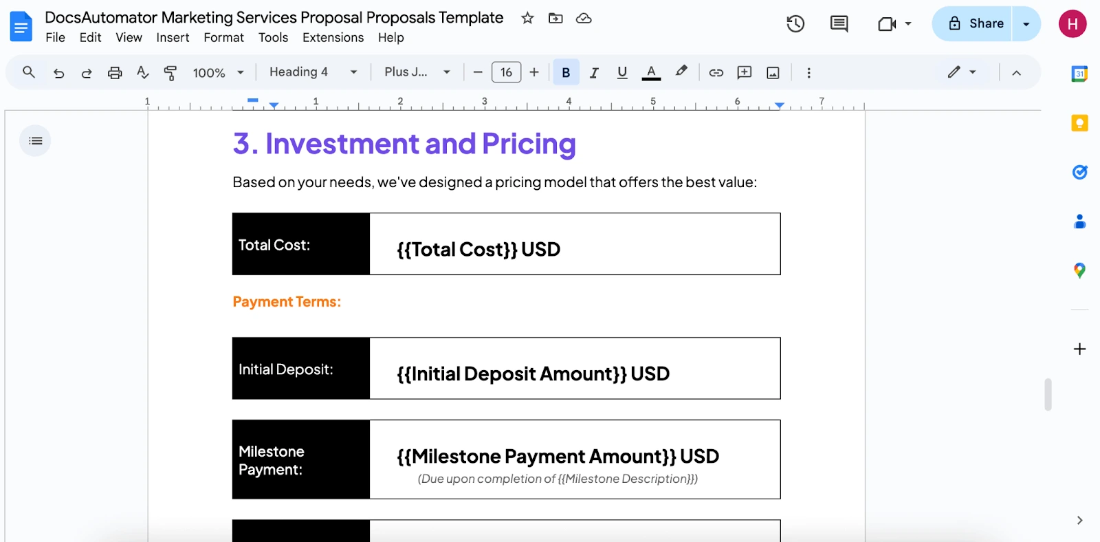 Image shows Google Docs version of Marketing Services Proposal Template with placeholders