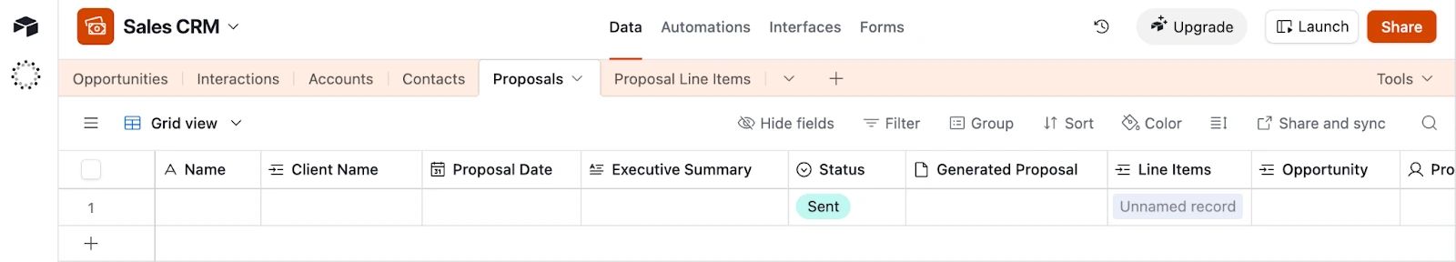 Image is a screenshot of Proposals table inside Sales CRM template by Airtable