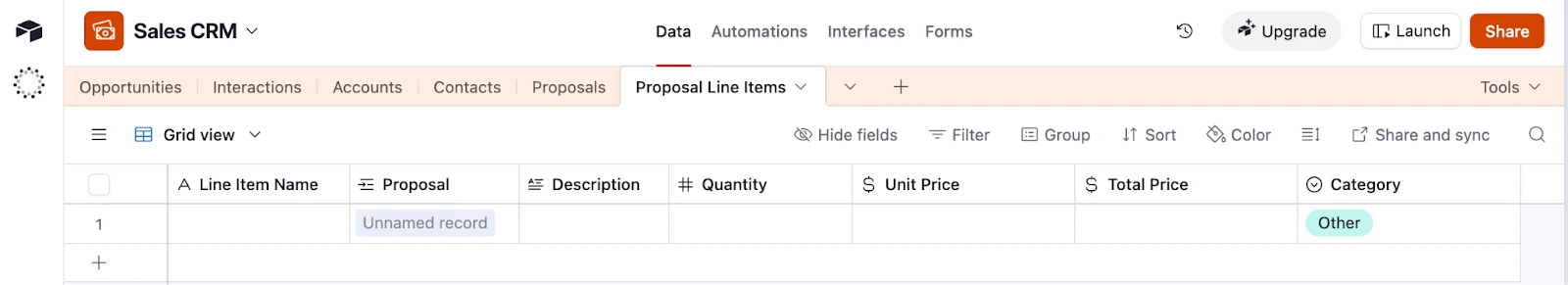 Image is a screenshot of Proposal line items table inside Sales CRM template by Airtable