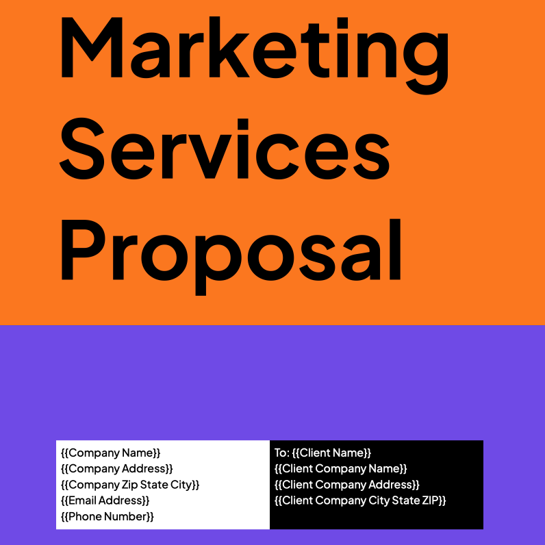 Image shows screenshot of Marketing Services Proposal Template Google Doc with DocsAutomator placeholders