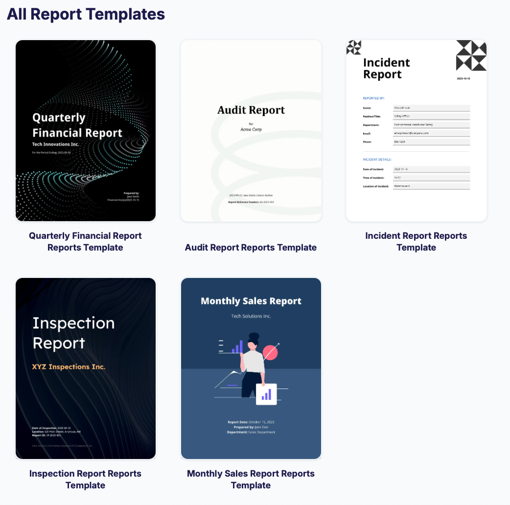 Image shows available free Report Google Doc Templates by DocsAutomator