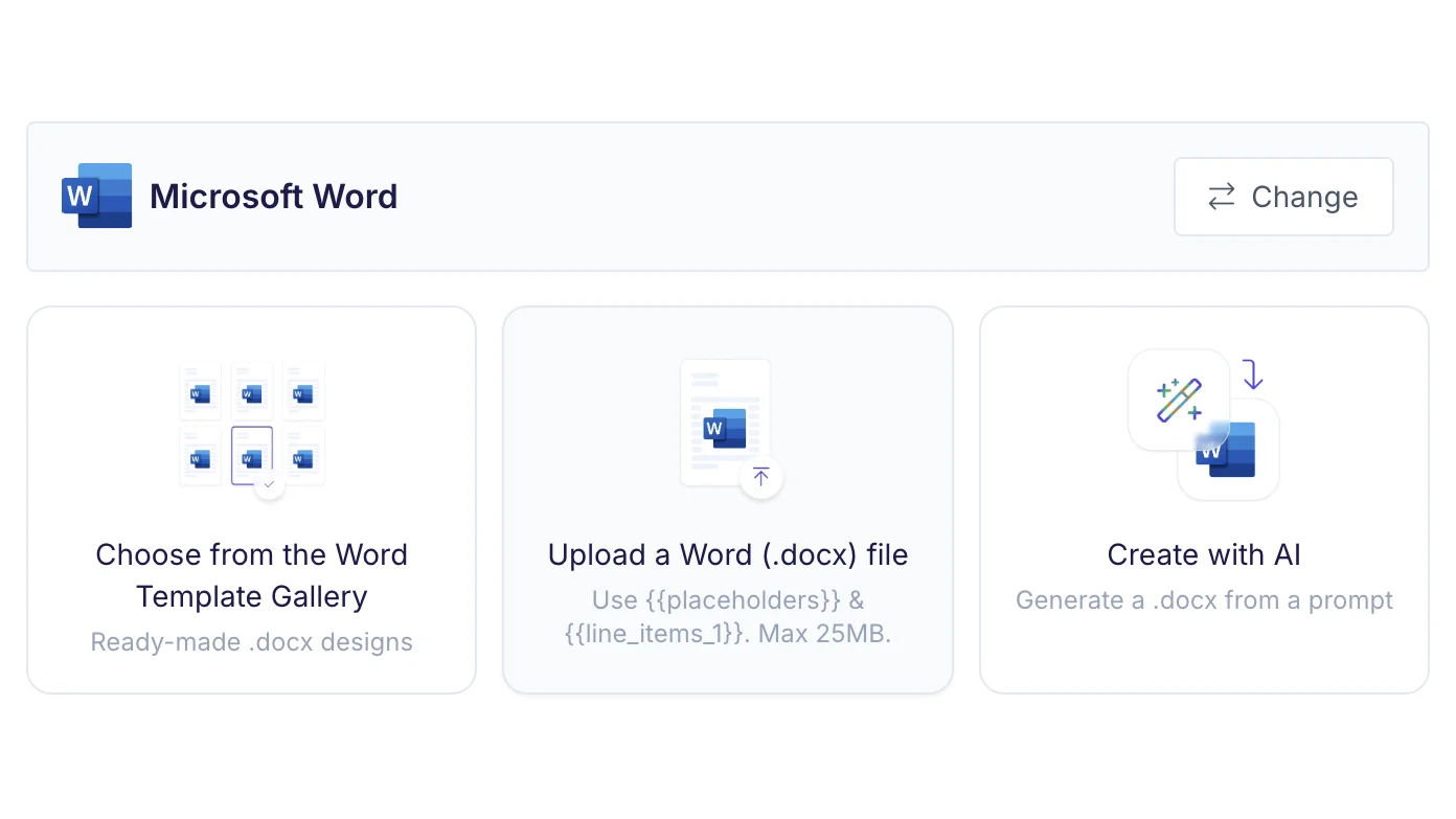The Word template picker showing gallery, upload, and AI generation options