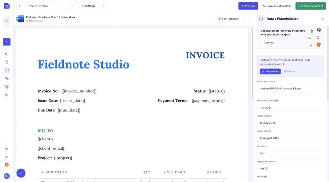 An invoice template in the DocsAutomator generate view with real record values filled in, ready to generate the document