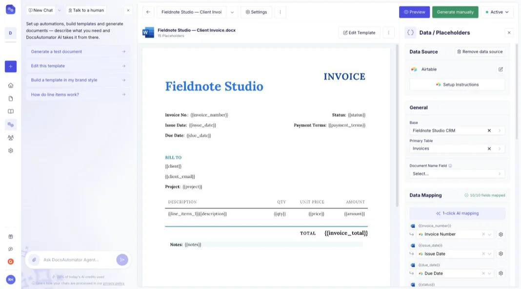 The three column DocsAutomator workspace with the AI Agent, template preview, and settings rail