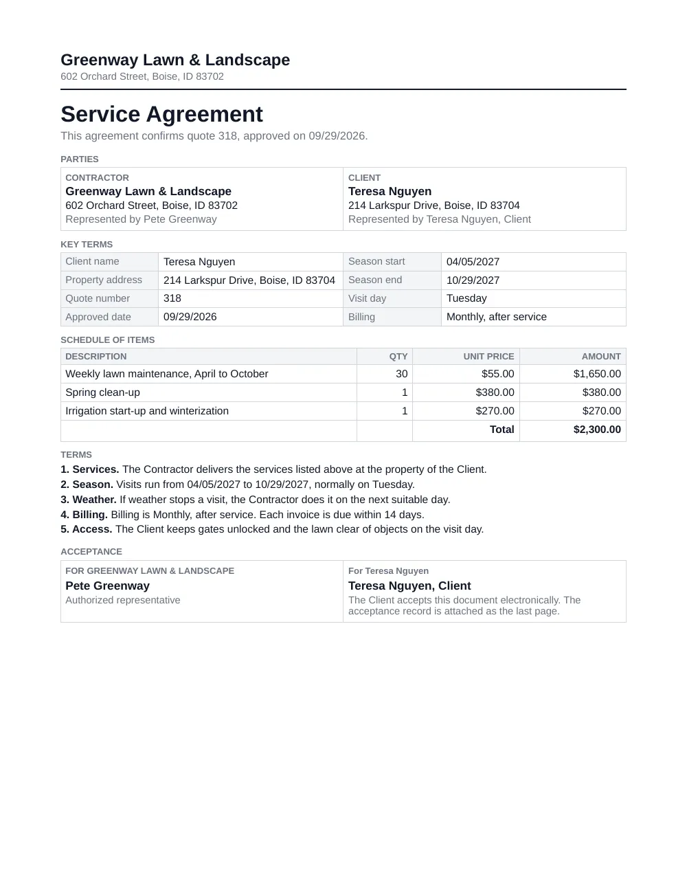 The finished service agreement, filled with example data and accepted