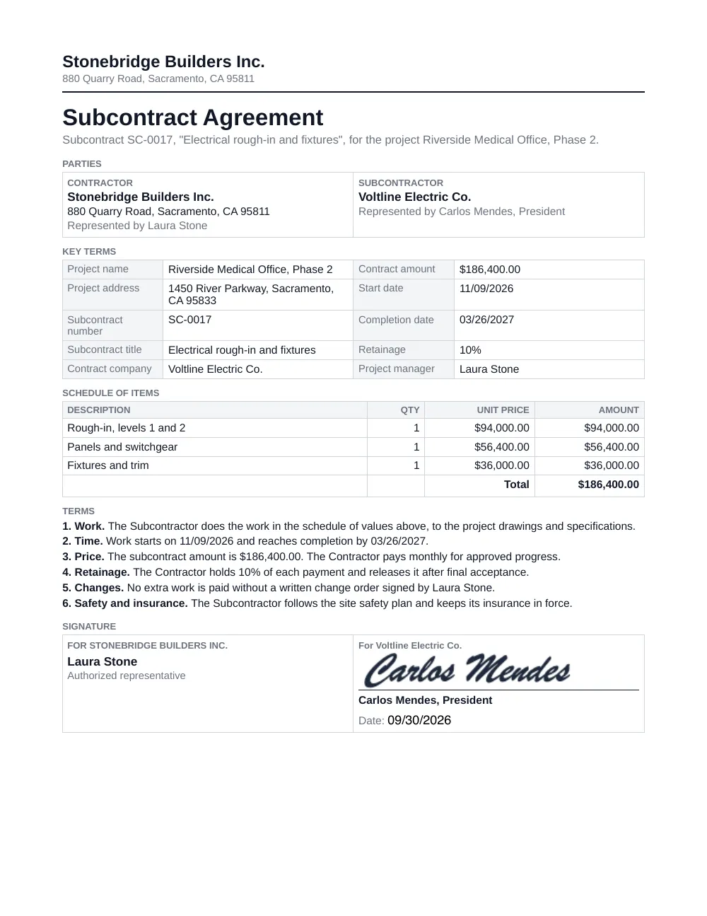 The finished subcontract agreement, filled with example data and signed