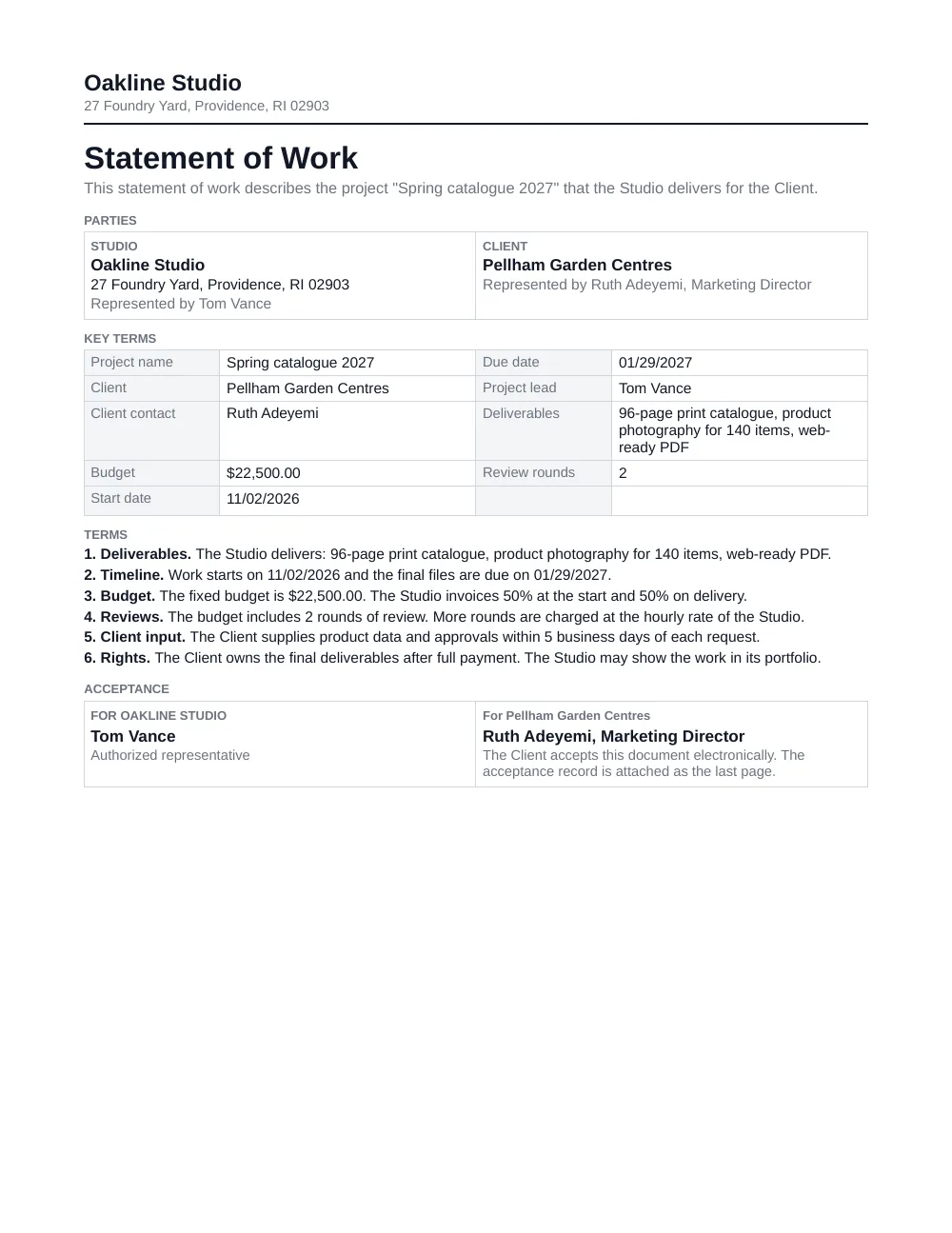 The finished statement of work, filled with example data and accepted