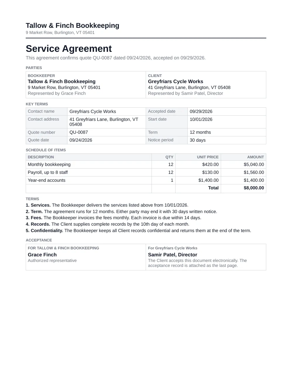 The finished service agreement, filled with example data and accepted